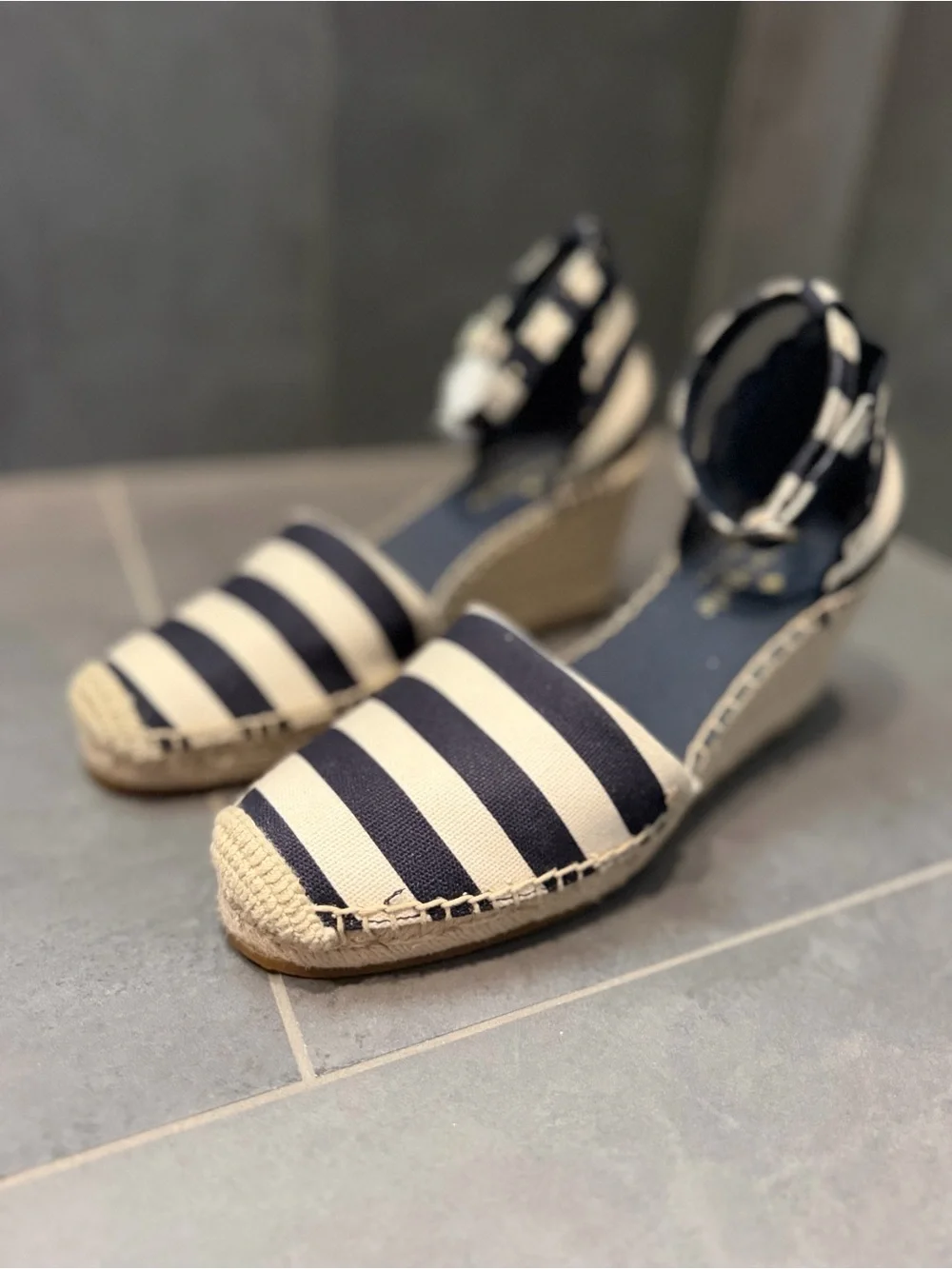 kate spade Navy and White Striped Espadrille Wedge with Ankle Strap